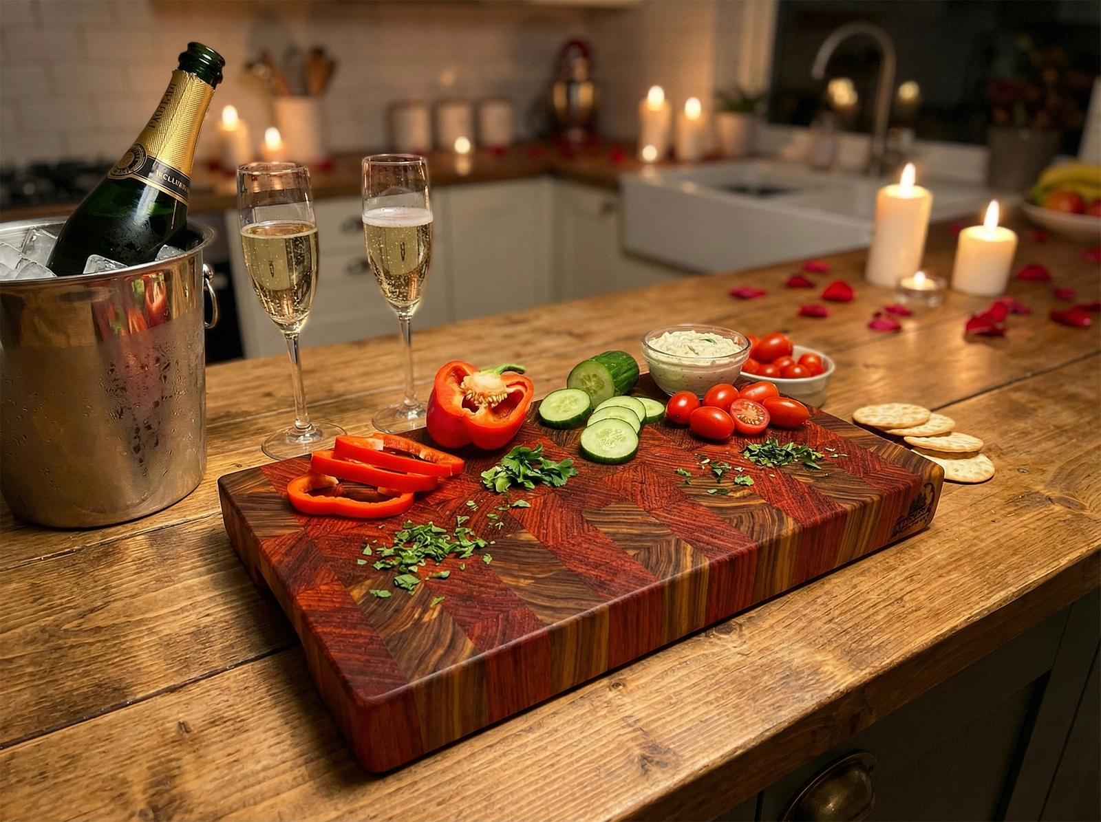 Wooden cutting board with food on a kitchen counter, including a bottle of champagne and glasses.