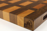 Corner detail of Cherry Walnut Lattice showing the Wooded logo