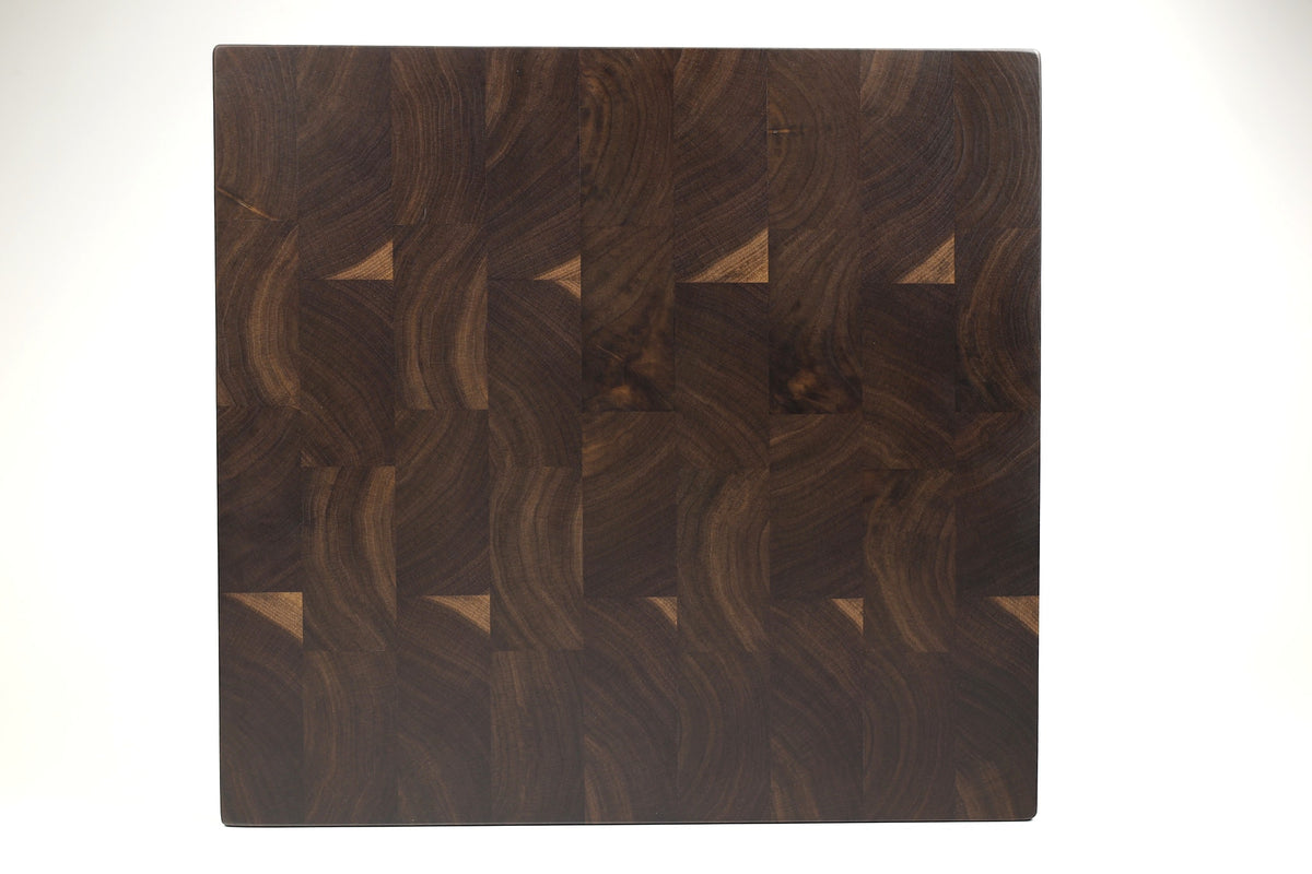 Top-down view of Choppy Waters — Walnut end-grain cutting board, 15″ × 16″ × 2.25″