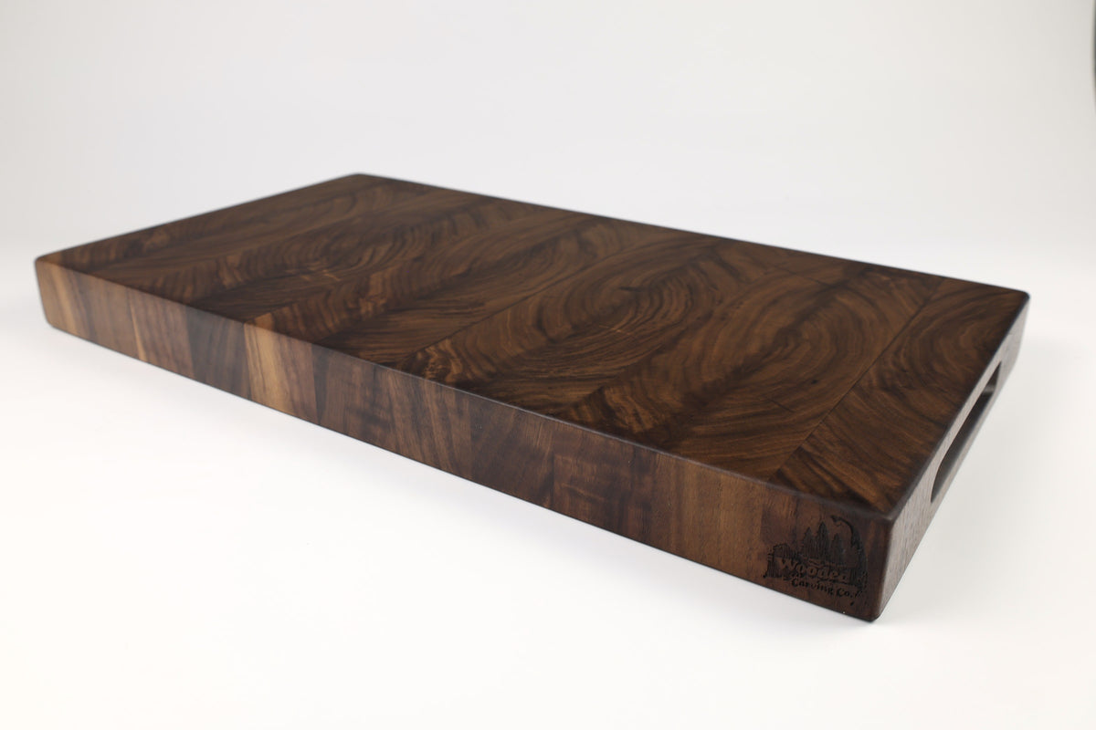 Mid-angle hero shot of WorkingWalnutXL  — Walnut end-grain cutting board, 12″ × 21.5″ × 2″