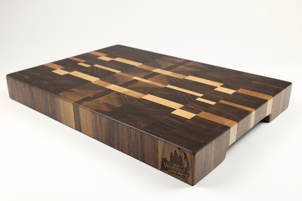 Mid-angle hero shot of Retro Metro — Walnut and Maple end-grain cutting board, 12.5″ × 18.5″ × 2″