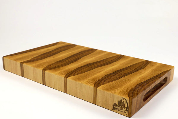 Mid-angle hero shot of BoardHickory28 — Hickory end-grain cutting board, 10.5″ × 18″ × 1.75″