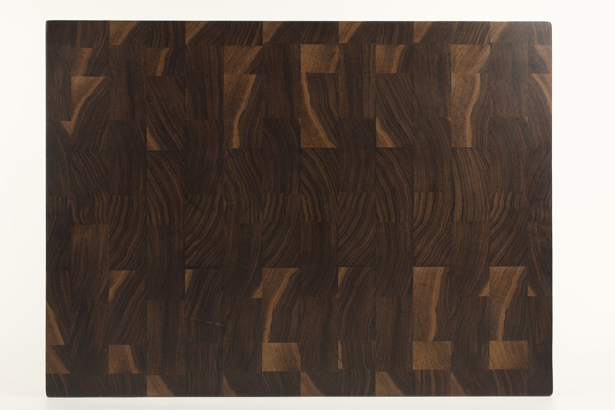 Top-down view of Lacey Grains — Walnut end-grain cutting board, 18″ × 24″ × 2.25″