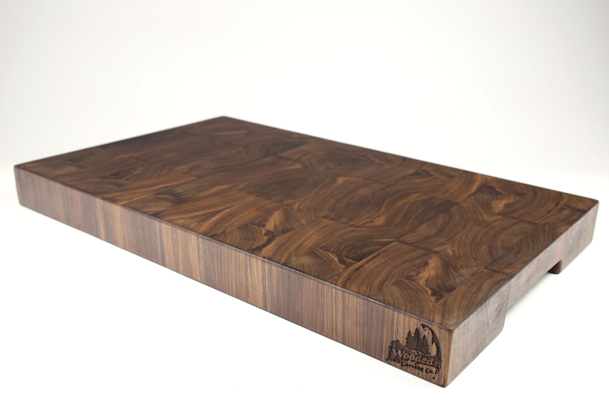 Mid-angle hero shot of Dusky Waves — Walnut end-grain cutting board, 15″ × 24.5″ × 2″