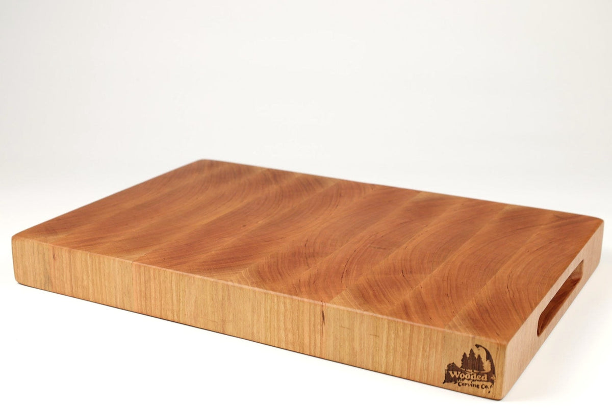 Mid-angle hero shot of BoardCherry35 — Cherry end-grain cutting board, 12.5″ × 19″ × 2″