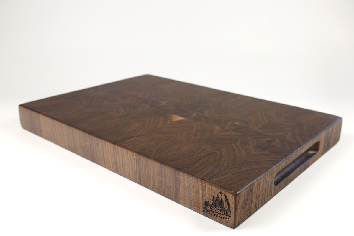 Mid-angle hero shot of Dark Diamonds — Walnut end-grain cutting board, 13.5″ × 19″ × 2″