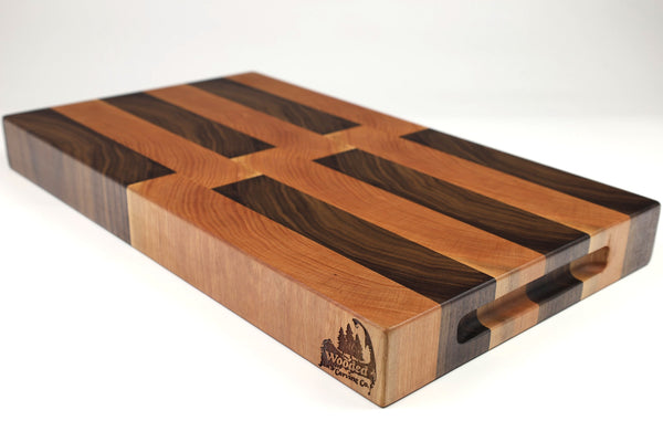 Mid-angle hero shot of First Sundae — Walnut and Cherry end-grain cutting board, 11″ × 19″ × 1.75″