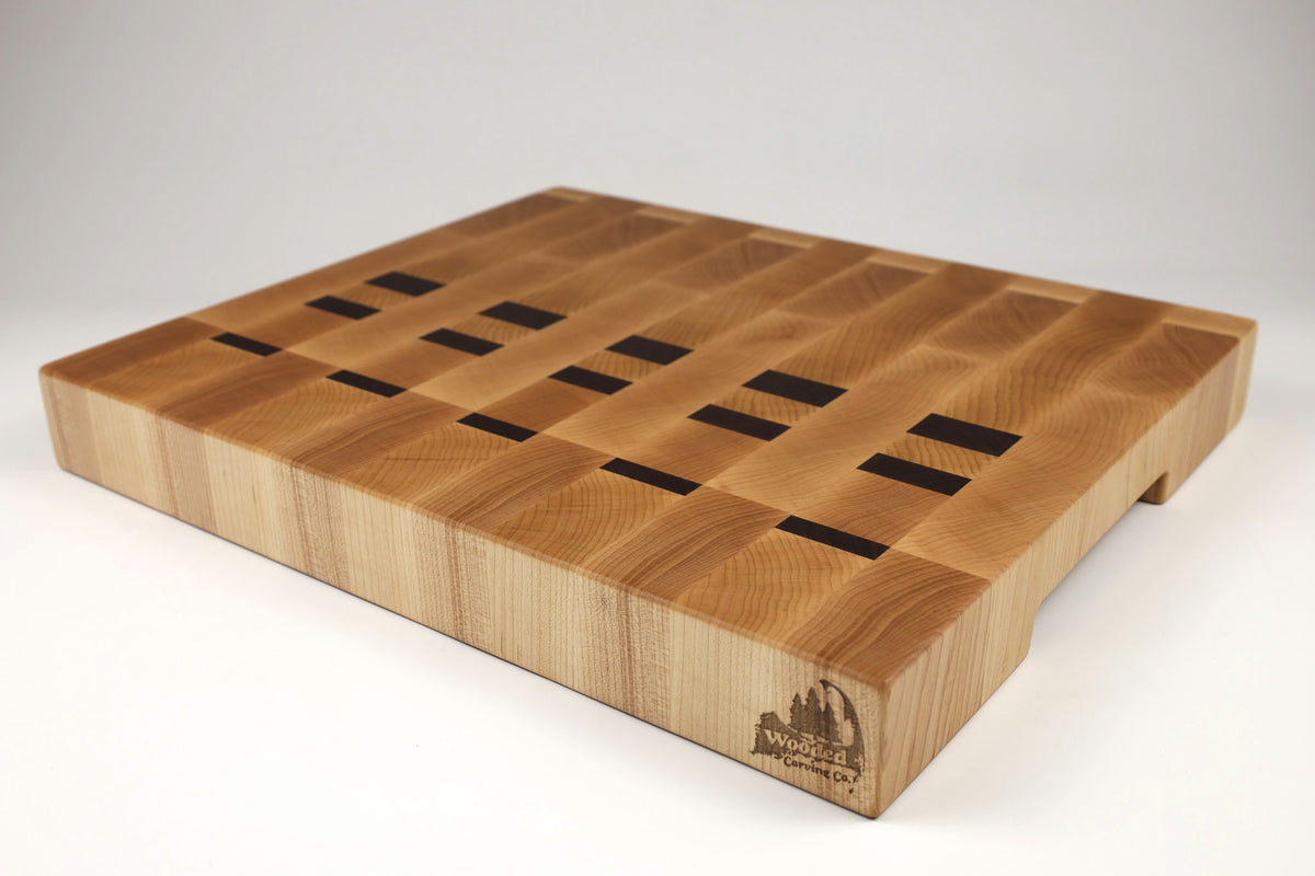 Mid-angle hero shot of Board Walk — Maple and Walnut end-grain cutting board, 15.5″ × 18.5″ × 2.25″