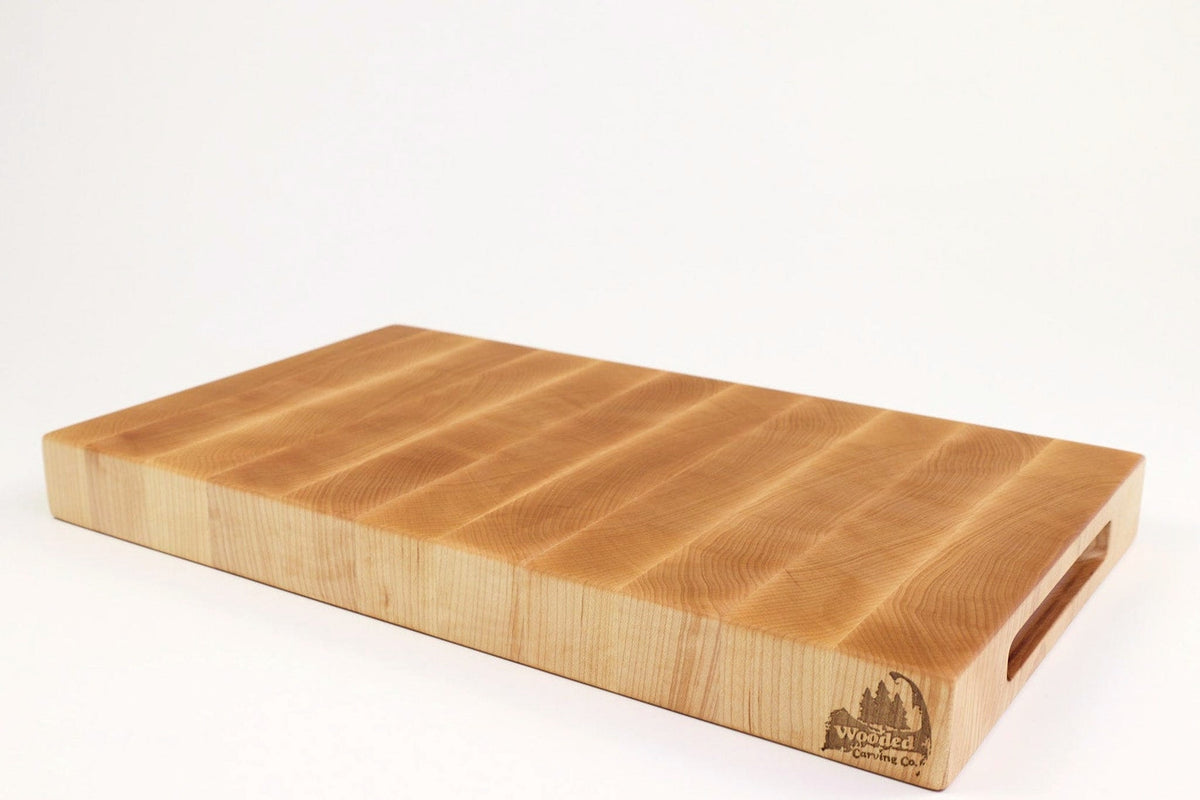 Mid-angle hero shot of Maple_Dream27 — Maple end-grain cutting board, 10.5″ × 18.5″ × 1.75″