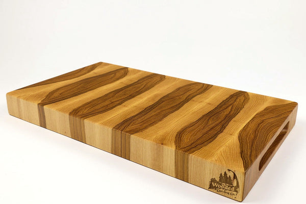 Mid-angle hero shot of BoardHickory29 — Hickory end-grain cutting board, 10.5″ × 18″ × 1.75″