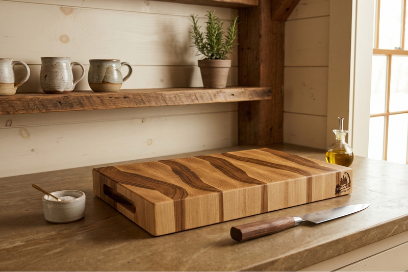 Hickory cutting board on a kitchen counter with a knife and small bowl, shelves with mugs and plants in the background.