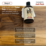 Jack Wax Timber Tonic bottle on a wooden surface with product details.