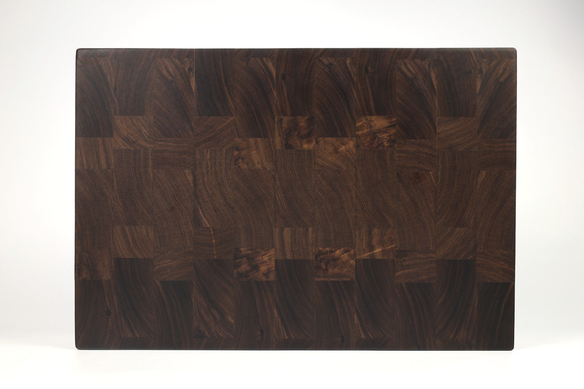 Top-down view of Squares & Swirls — Walnut end-grain cutting board, 13.5″ × 19.5″ × 2″