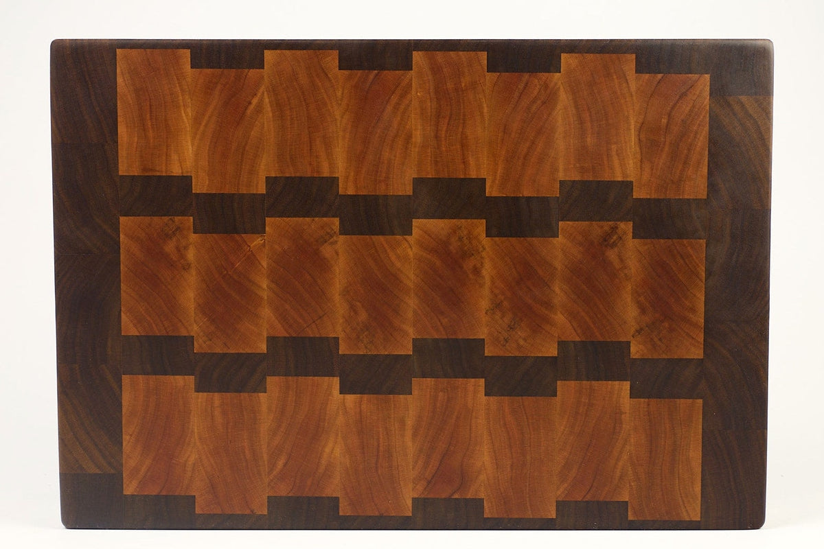 Top-down view of Blocky Road — Walnut and Cherry end-grain cutting board, 17.5″ × 12″ × 2″