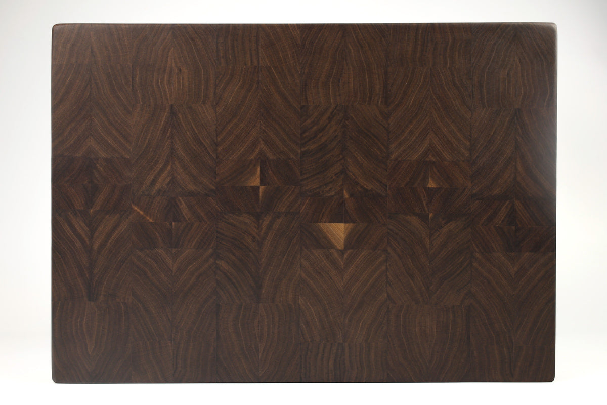 Top-down view of Dark Diamonds — Walnut end-grain cutting board, 13.5″ × 19″ × 2″