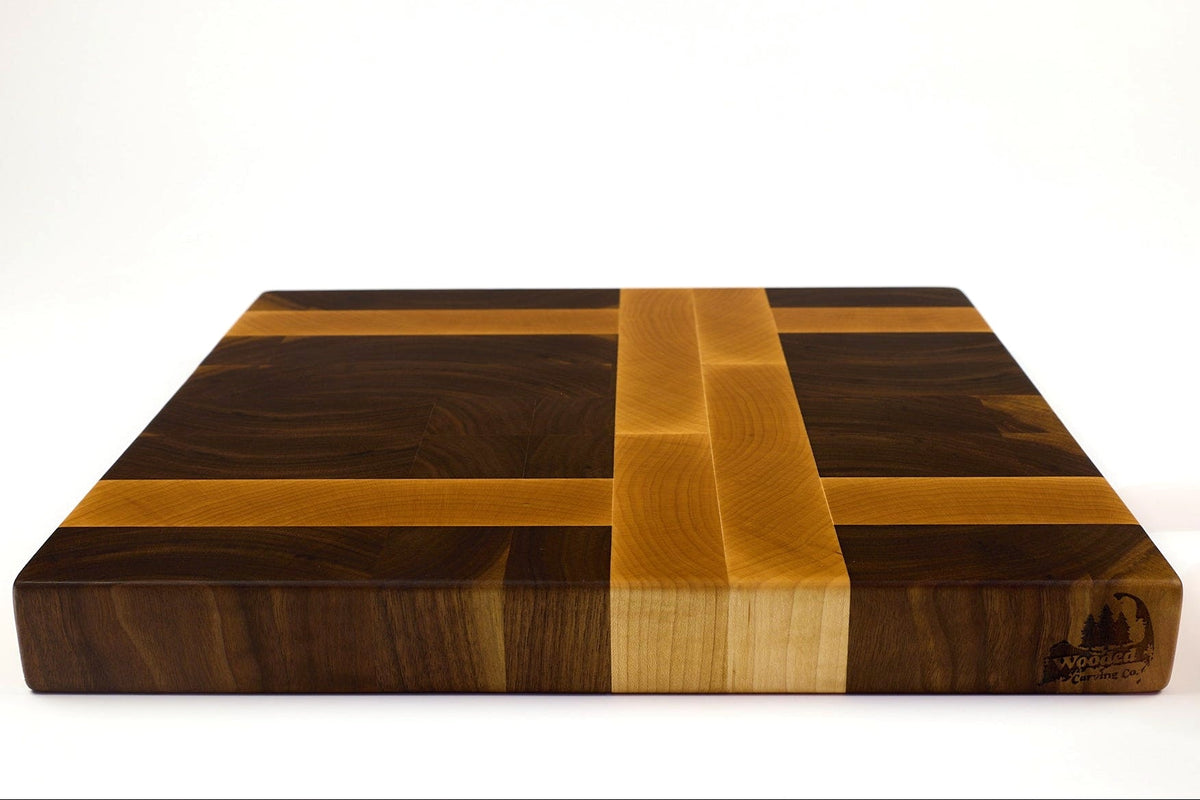 Top-down view of The Crossroads — Walnut and Maple end-grain cutting board, 13″ × 15″ × 1.75″