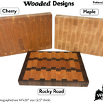 Wooden cutting boards with 'Cherry', 'Maple', and 'Rocky Road' patterns, branded as Wooded Carving Co.