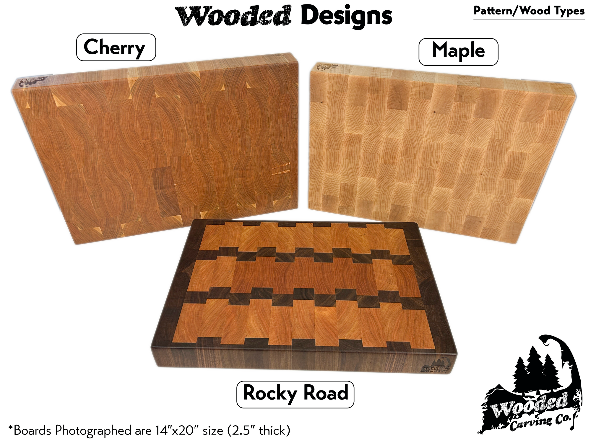 Wooden cutting boards with 'Cherry', 'Maple', and 'Rocky Road' patterns, branded as Wooded Carving Co.